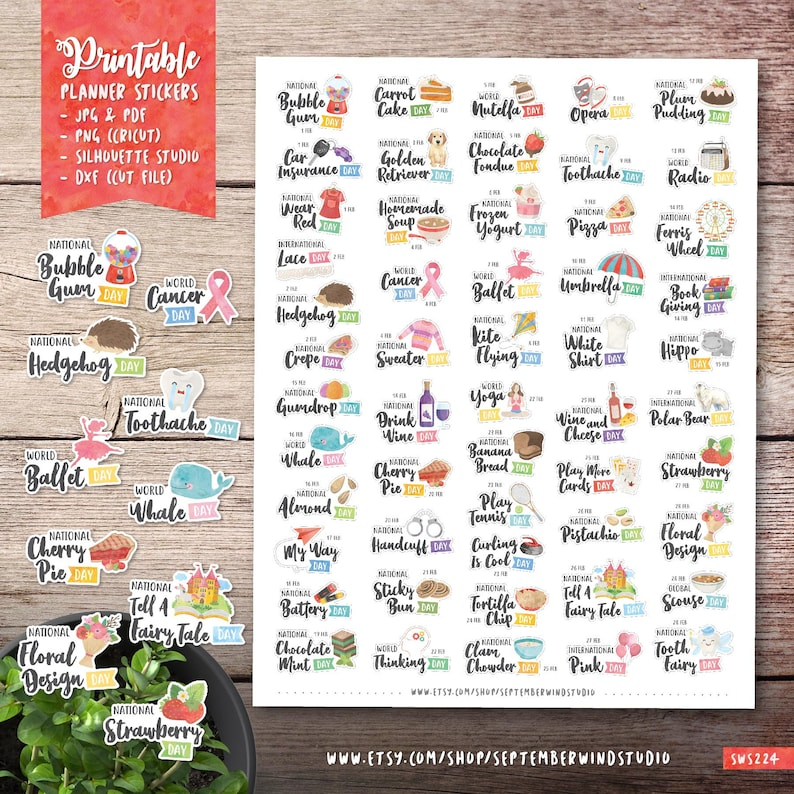 february wacky holidays printable planner stickers