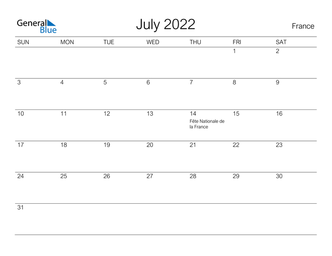 france july 2022 calendar with holidays