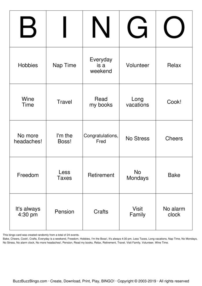 freds retirement bingo cards to download print and