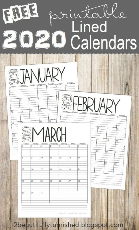Free 2020 Lined Monthly Calendars Printable