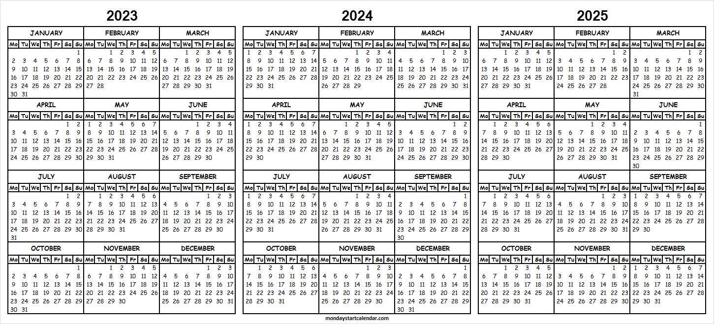 free calendar 2023 2024 2025 template printable 3 year