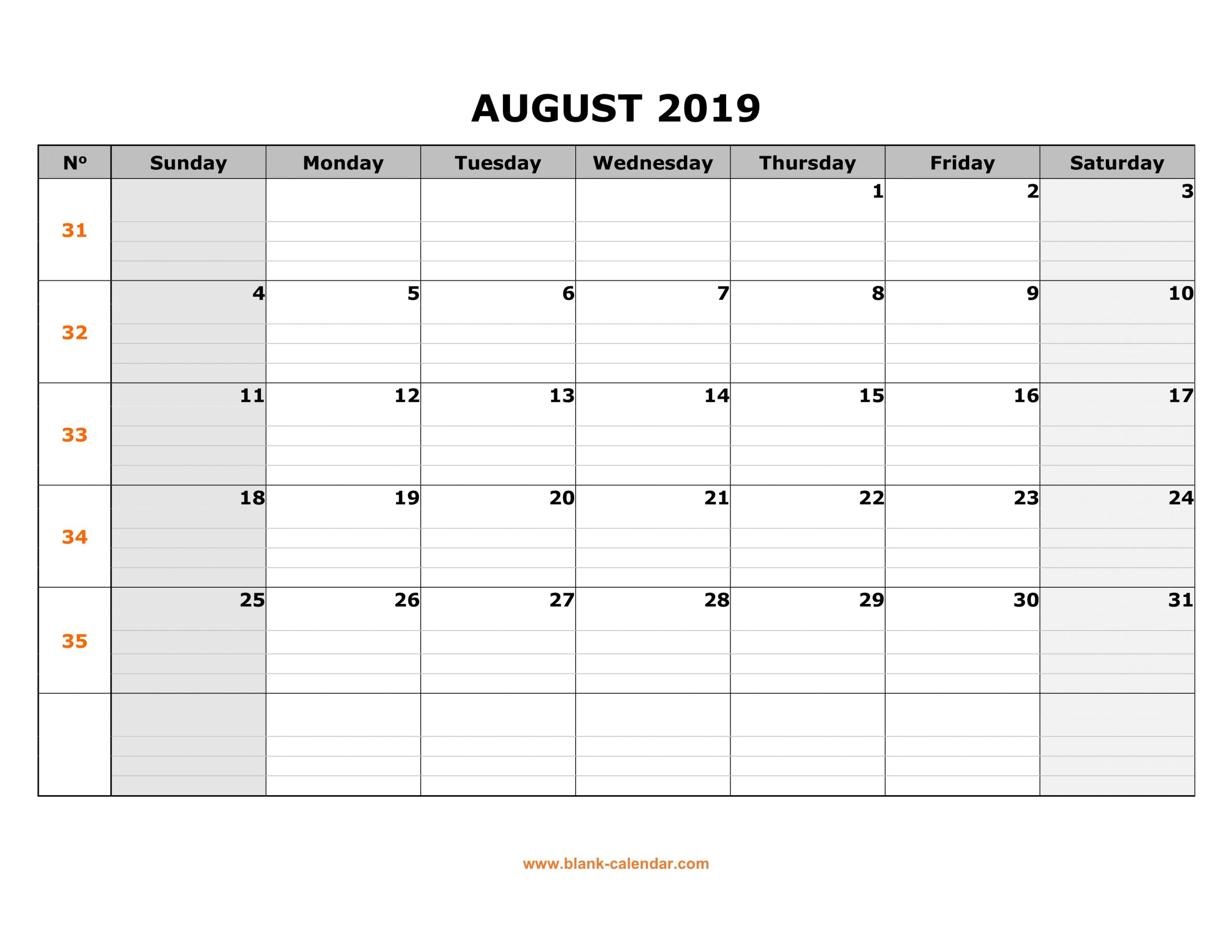 Free Download Printable August 2019 Calendar Large Box