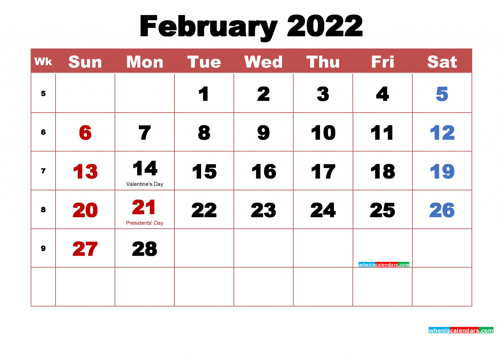 Free February 2022 Calendar With Holidays Printable 1