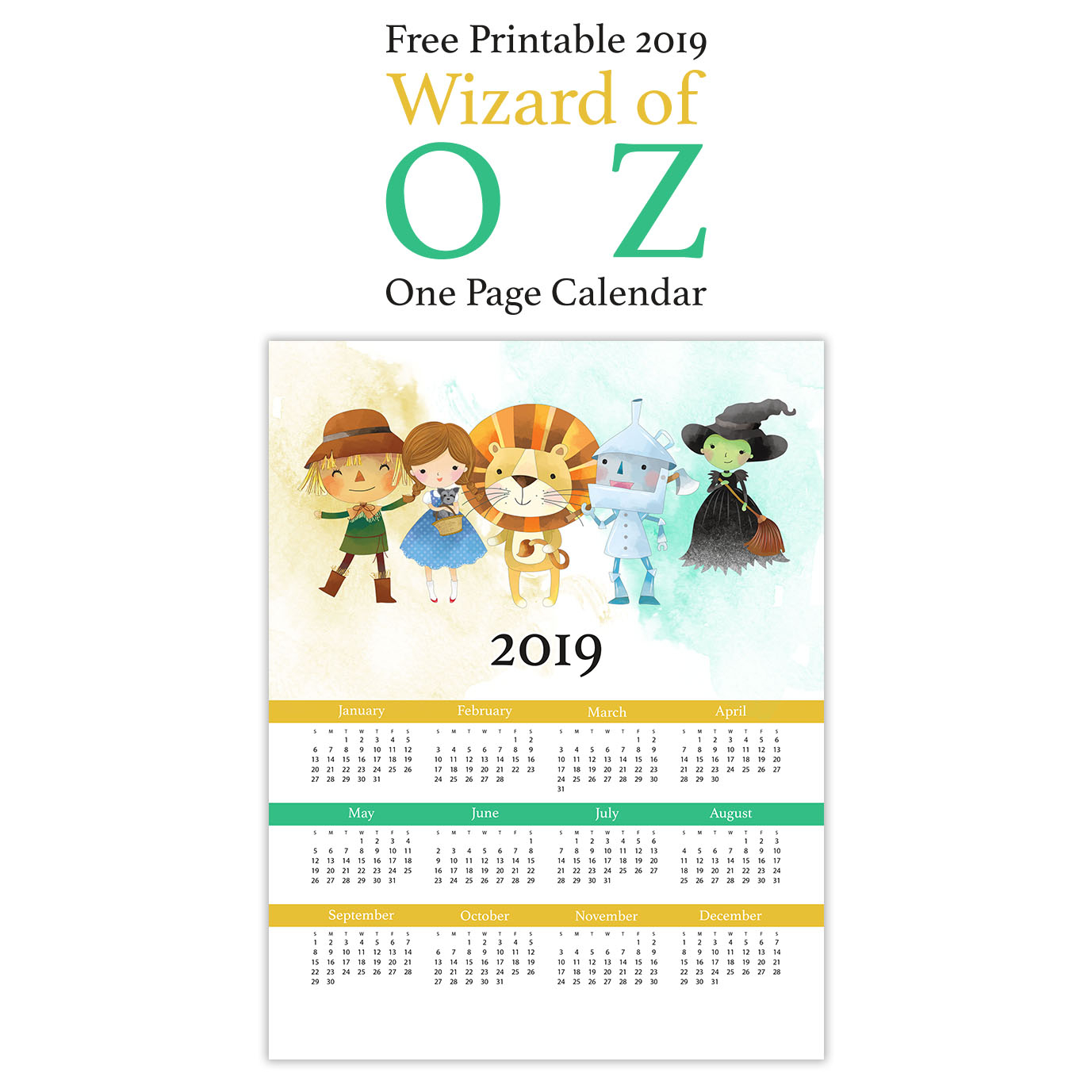 Free Printable 2019 Wizard Of Oz One Page Calendar The 1