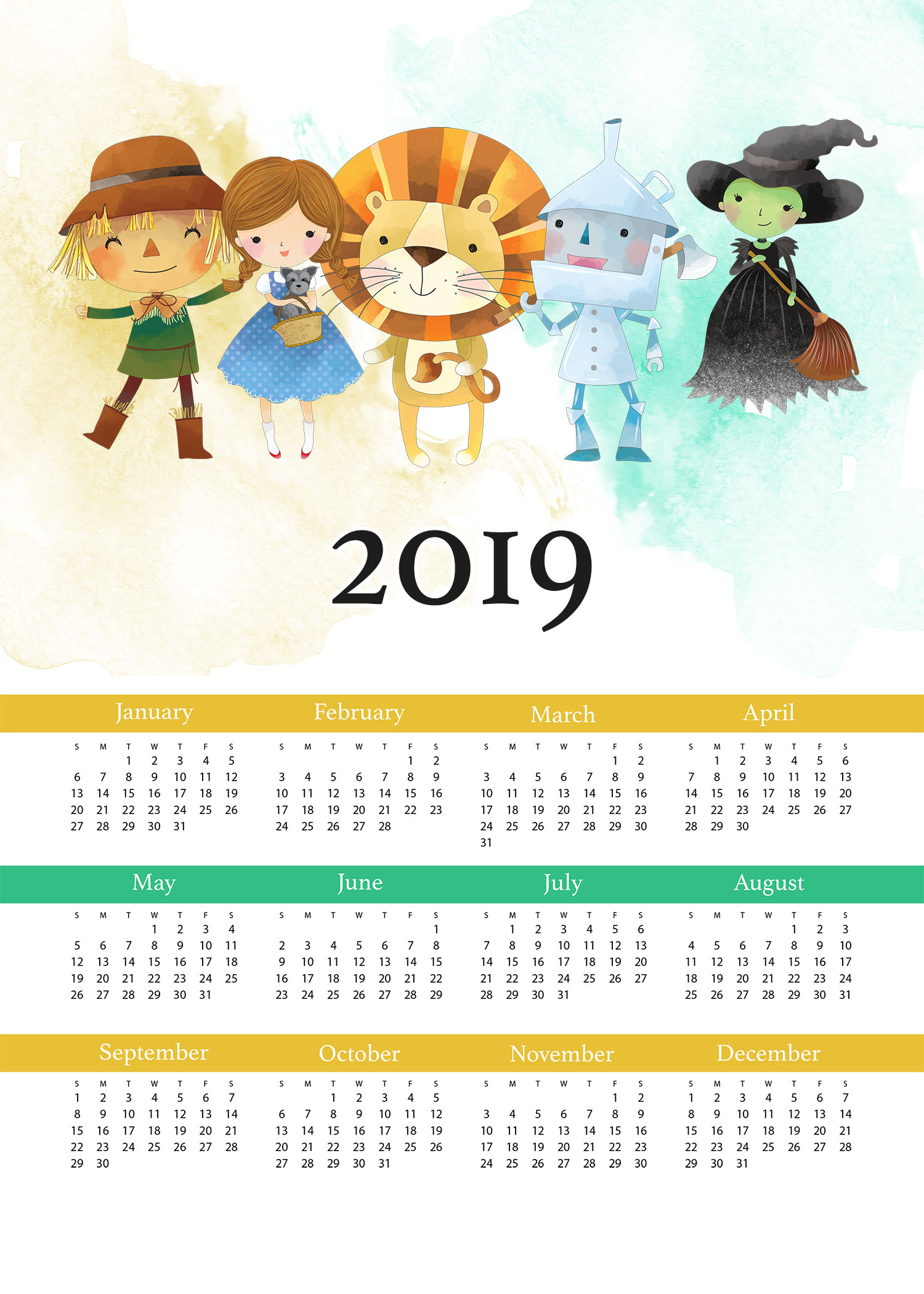 Free Printable 2019 Wizard Of Oz One Page Calendar The