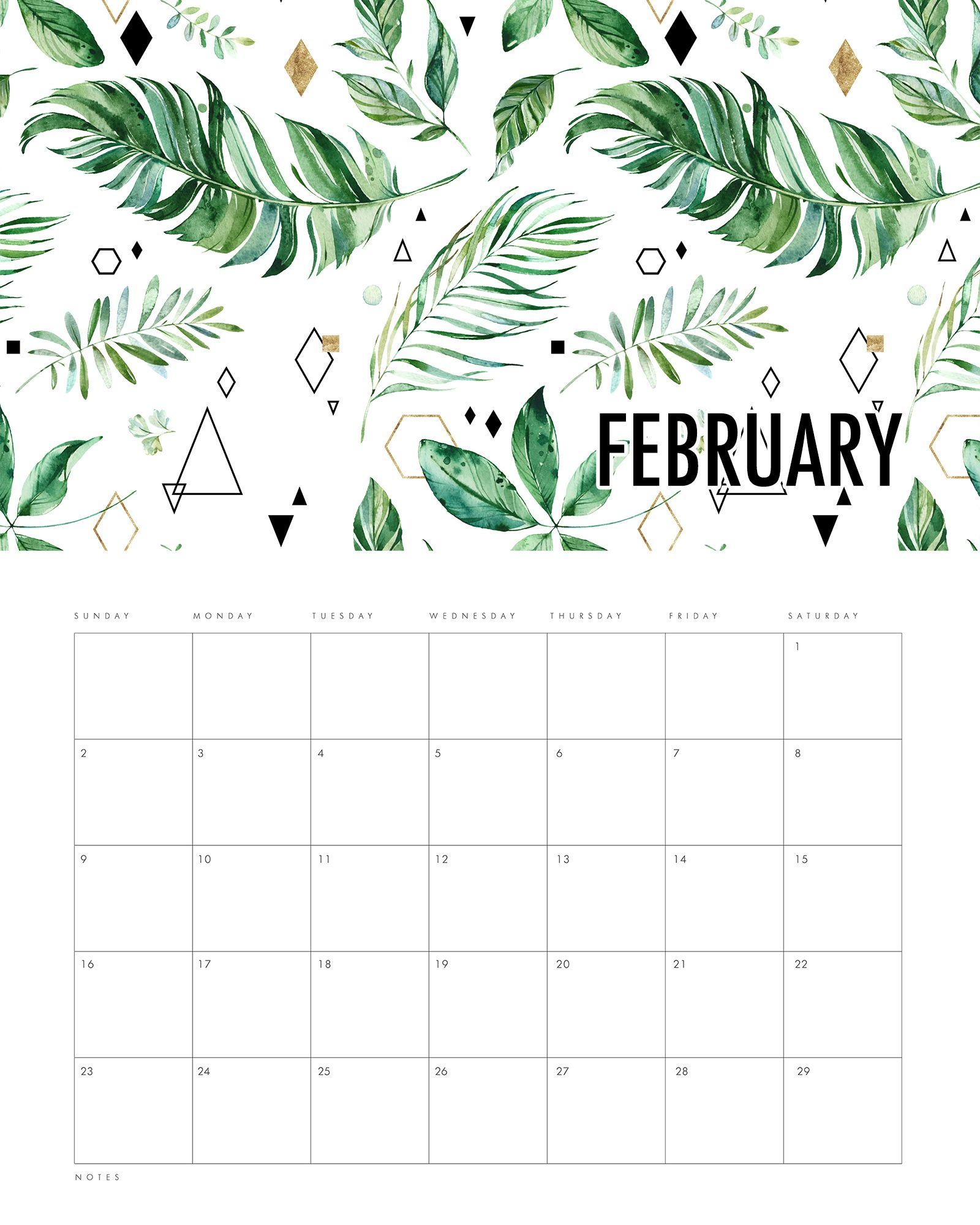 Free Printable 2020 Modern Leaves Calendar The Cottage