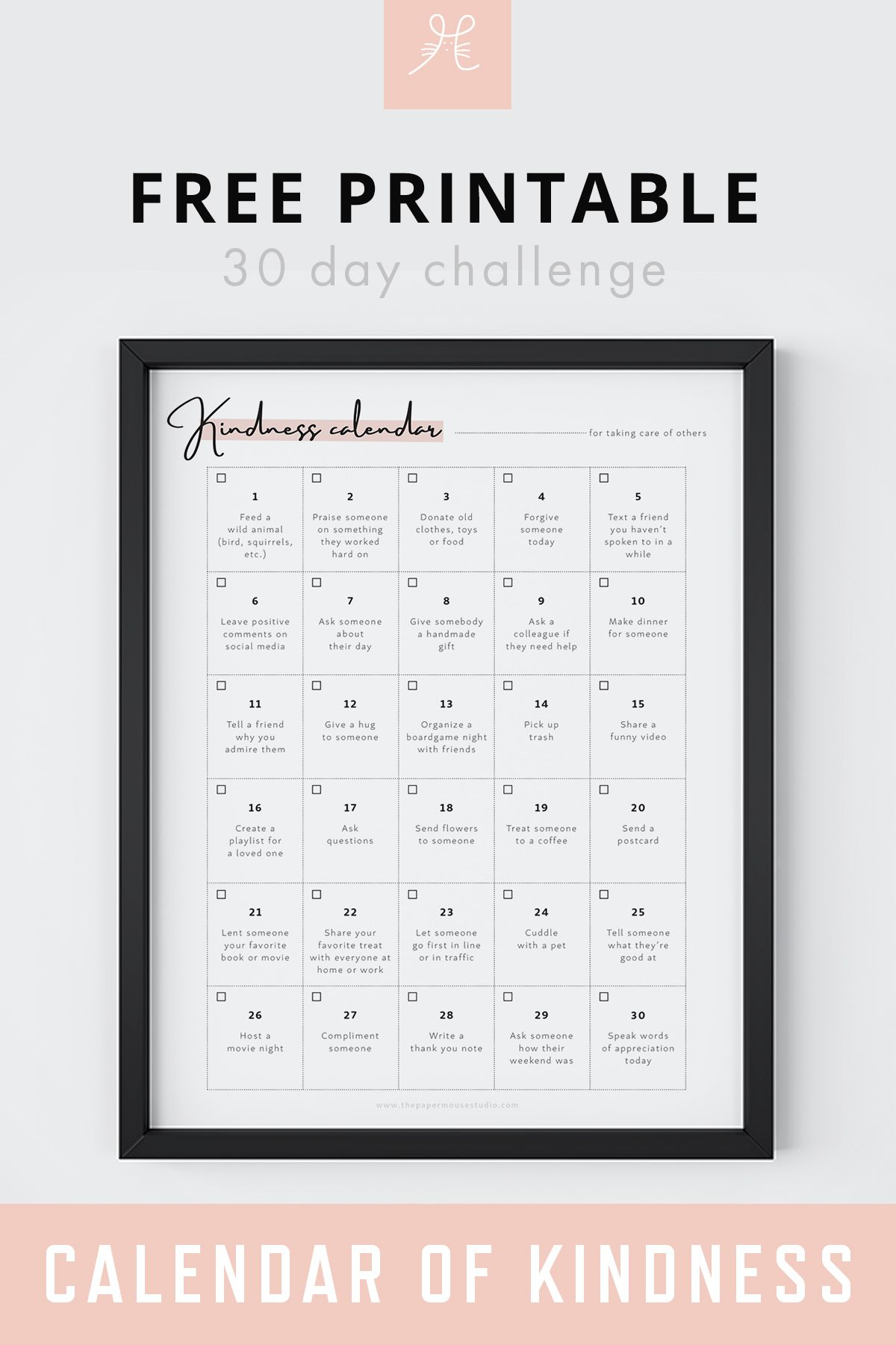 free printable 30 day challenge calendar of kindness