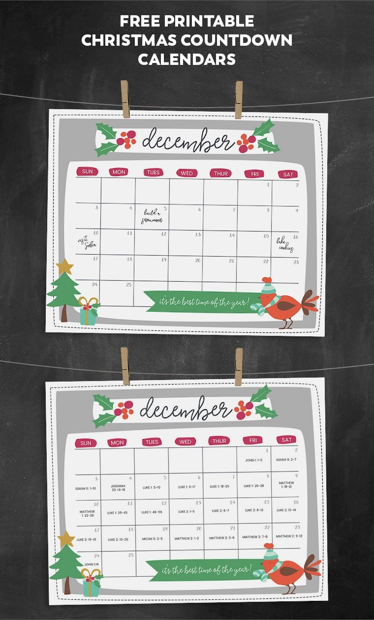 Free Printable Christmas Countdown Calendar For December 2 Versions