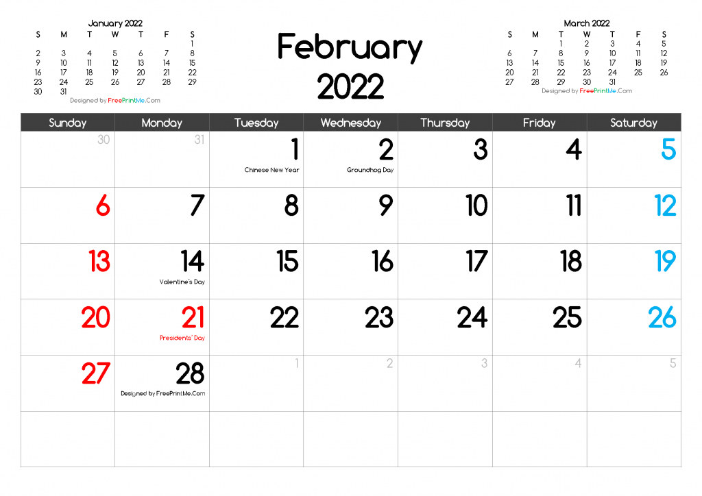 Free Printable February 2022 Calendar With Holidays Pdf Png 1
