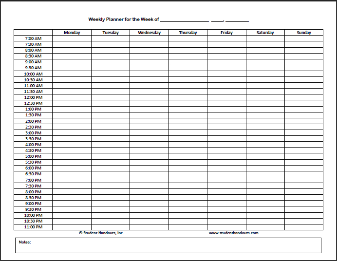 Free Printable Weekly Hourly Daily Planner Student Handouts