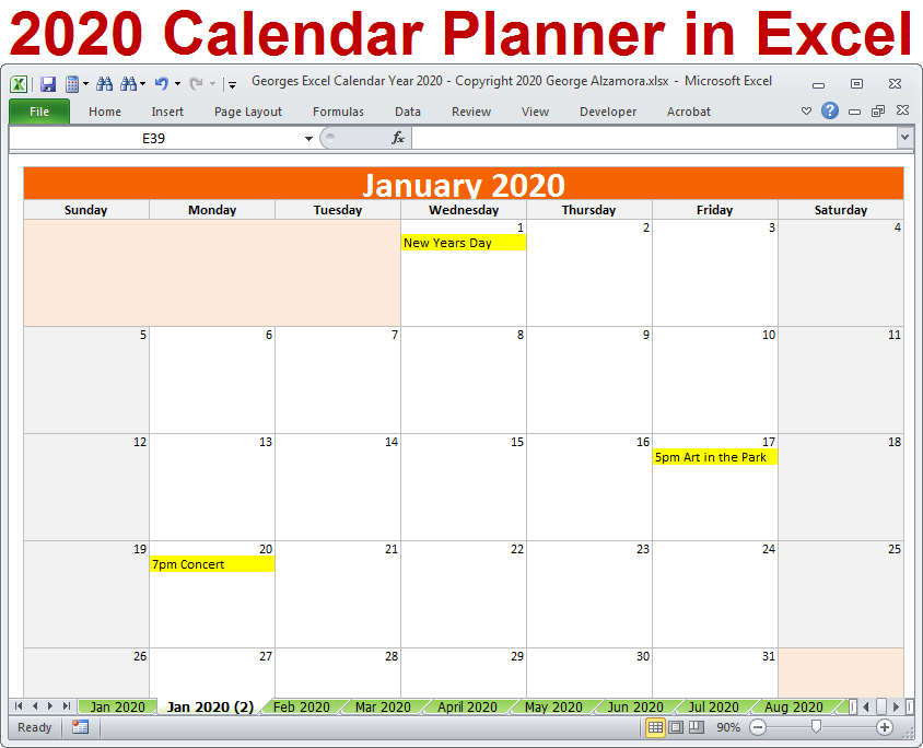 Georges Excel Calendar Year 2020 Excel Calendar Yearly