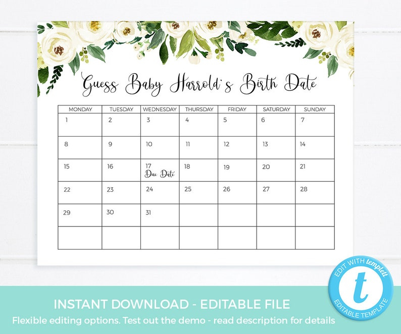 Guess Baby Due Date Calendar Editable Template Guess Baby