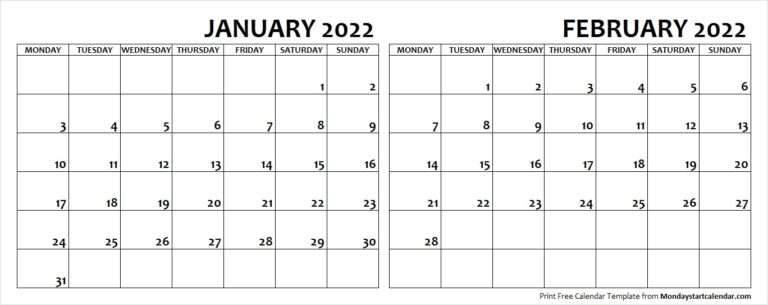 Jan Feb 2022 Calendar Monday Start Editable Two Months