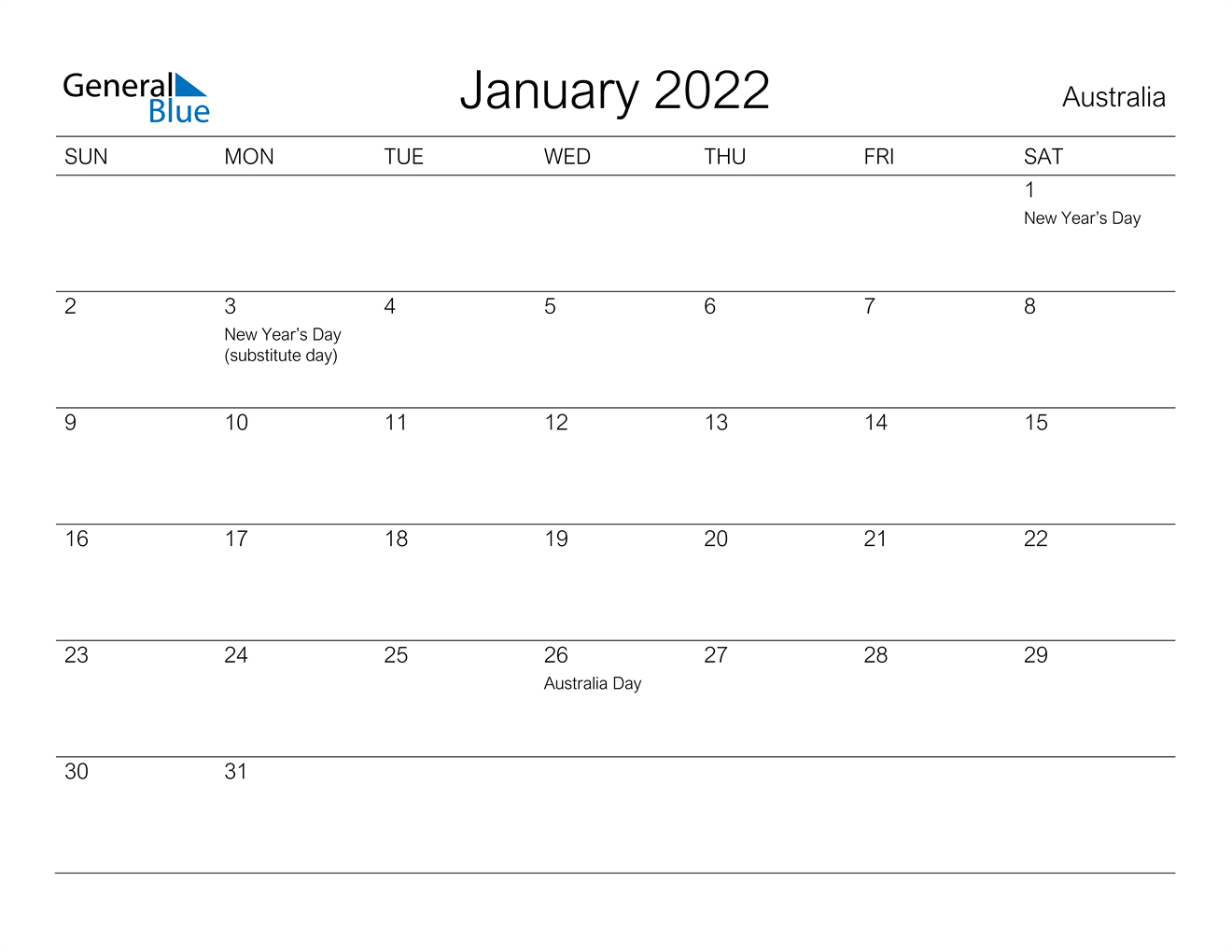 January 2022 Calendar Australia