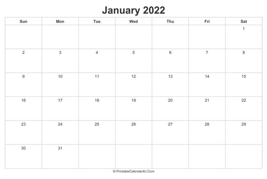 january 2022 calendar printable landscape layout 2