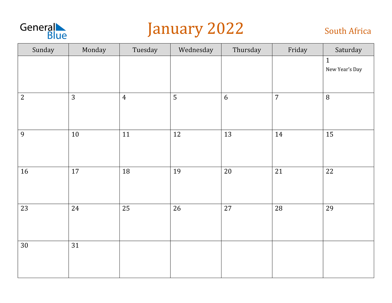 January 2022 Calendar South Africa