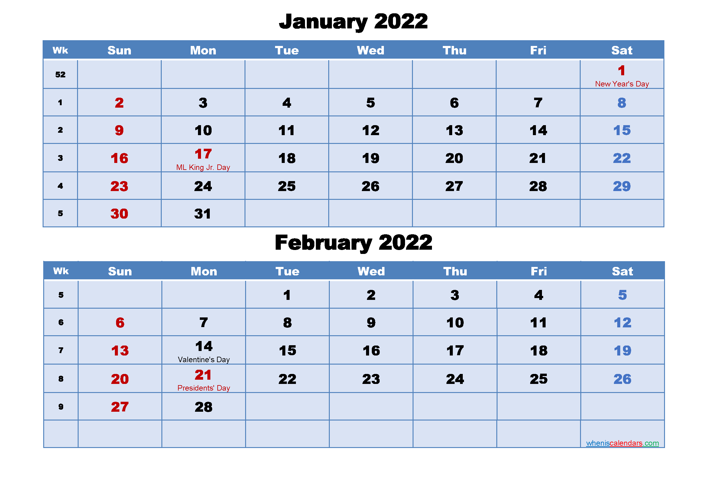 January And February 2022 Calendar 3 Month Printable