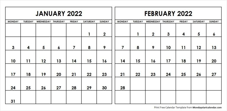 January February 2022 Calendar Monday Start Two Months 1