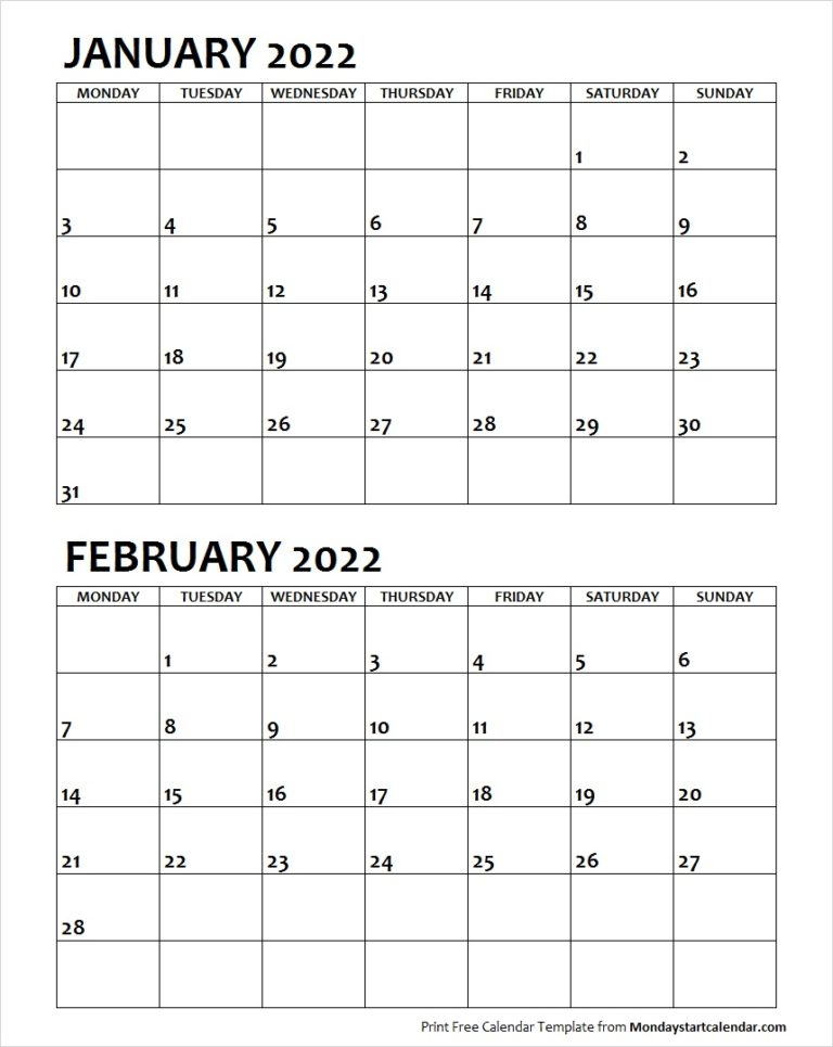 January February 2022 Calendar Monday Start Two Months