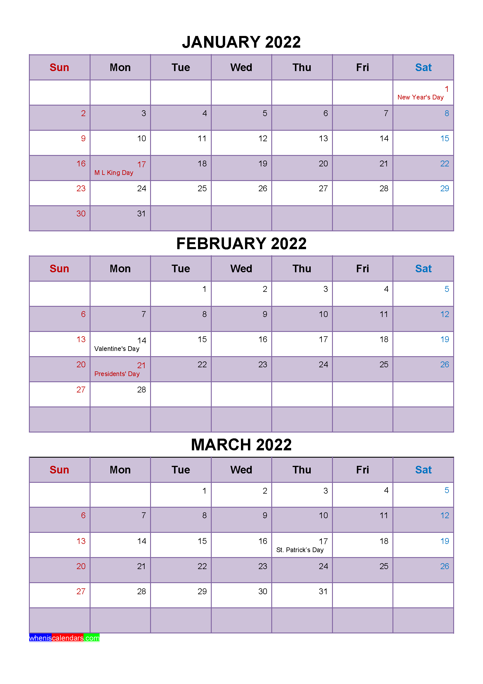 january february march 2022 calendar with holidays four