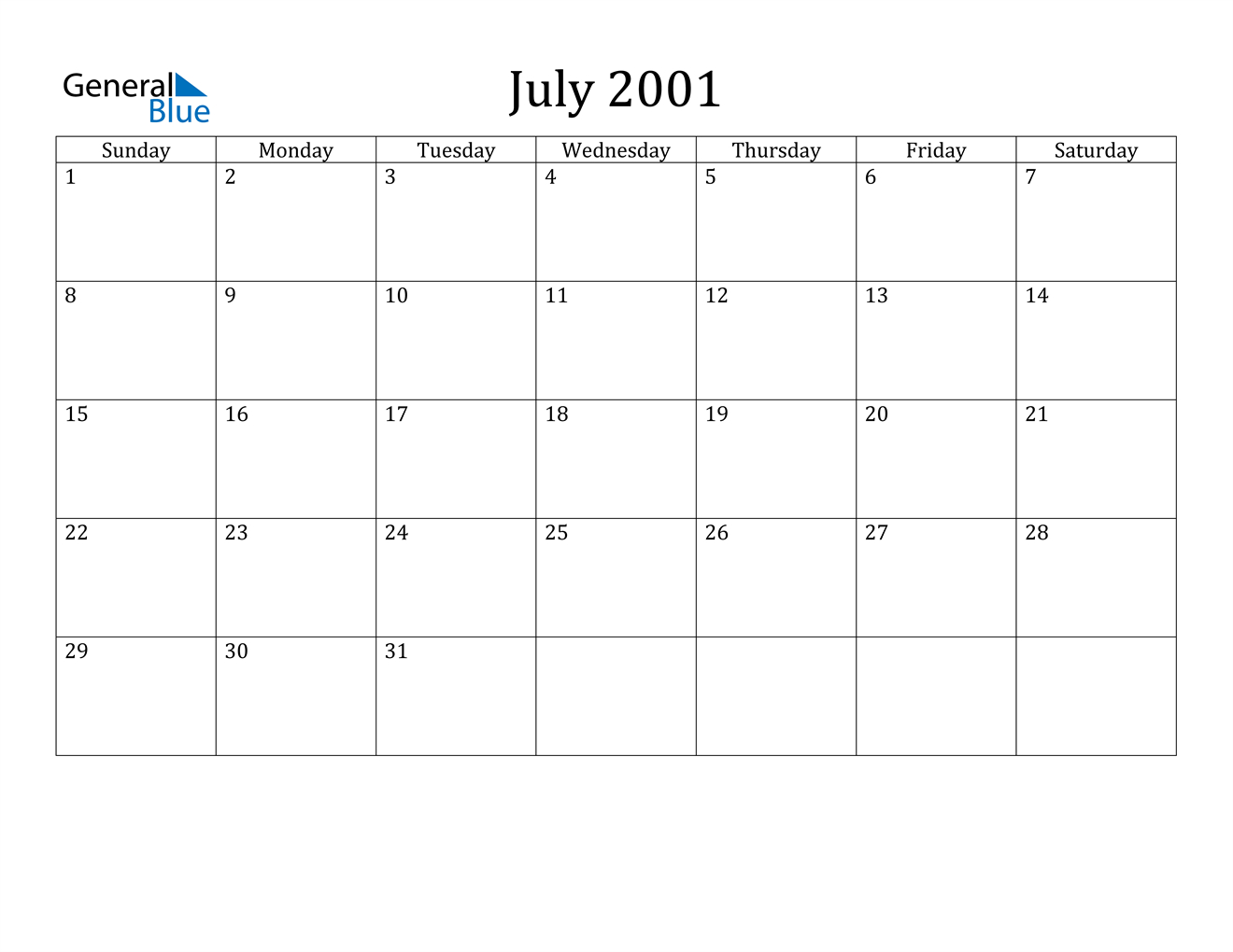 July 2001 Calendar Pdf Word Excel