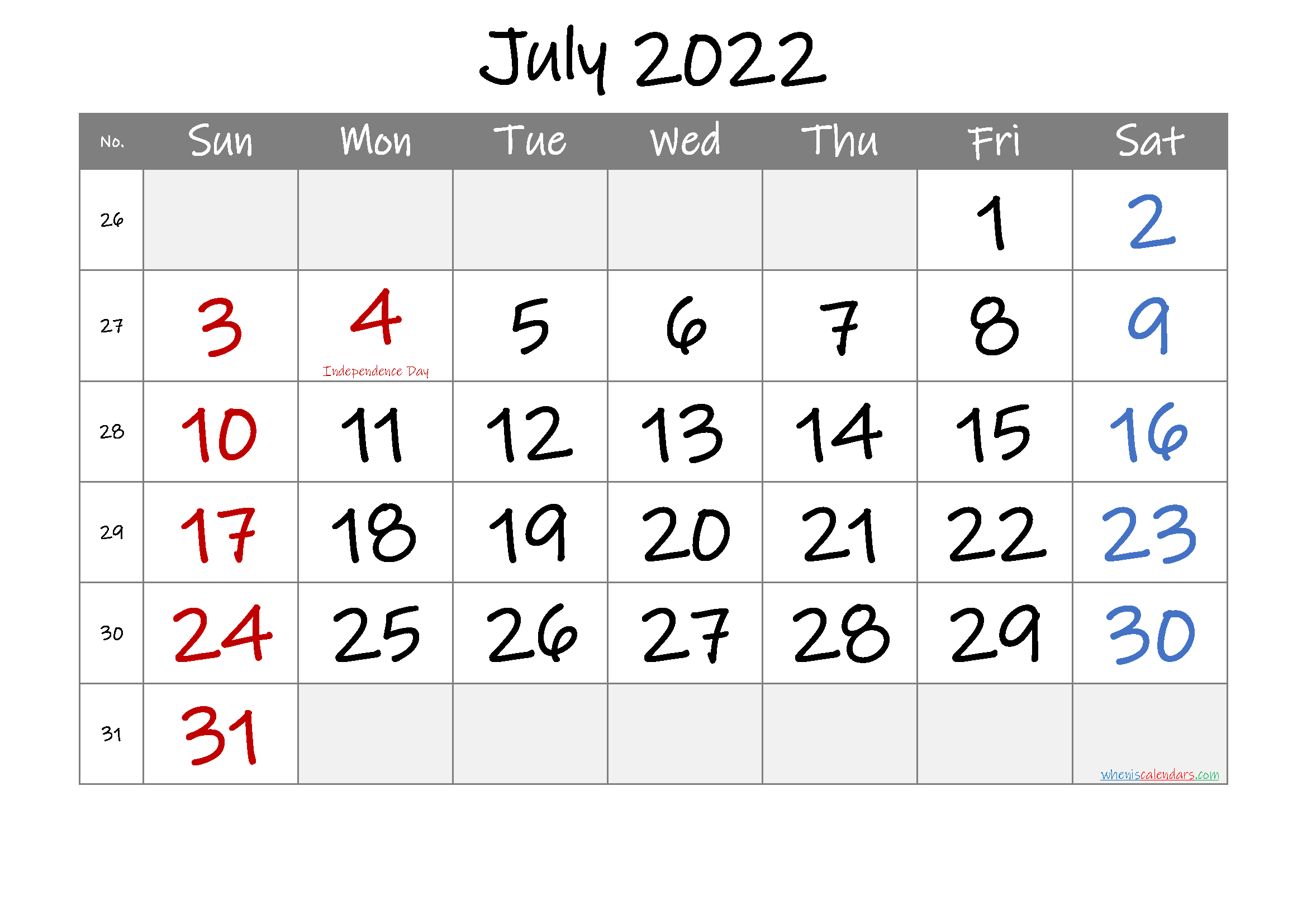 July 2022 Free Printable Calendar Template No If22m31