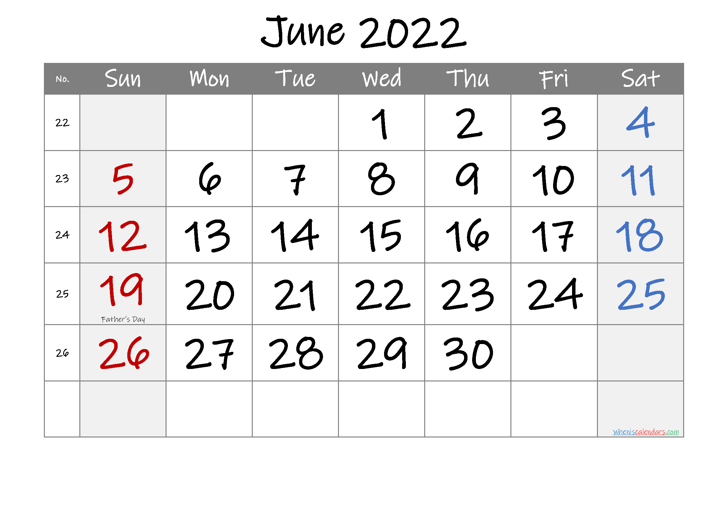 June 2022 Free Printable Calendar With Holidays Template