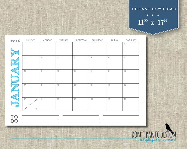 Large 2016 Printable Monthly Calendar Rustic Color 11 X