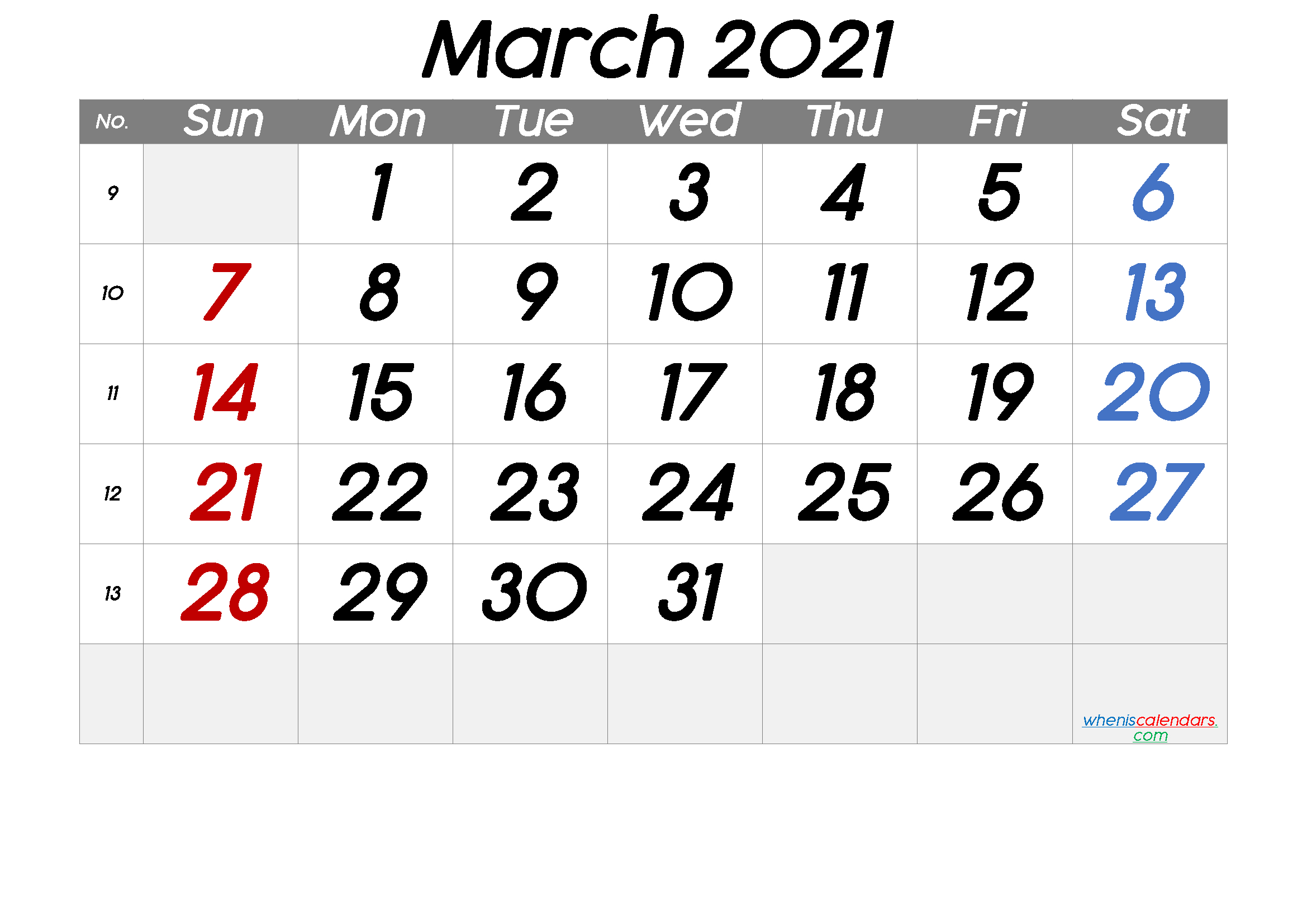 March 2021 Printable Calendar With Week Numbers 6