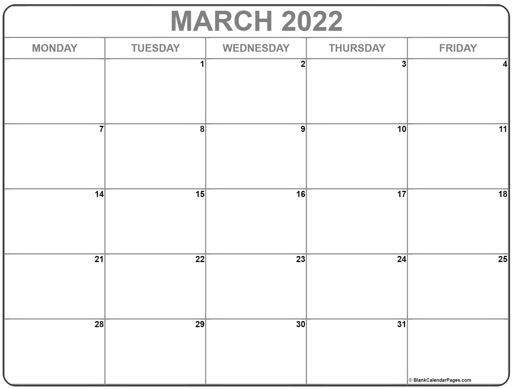 march 2022 monday calendar monday to sunday