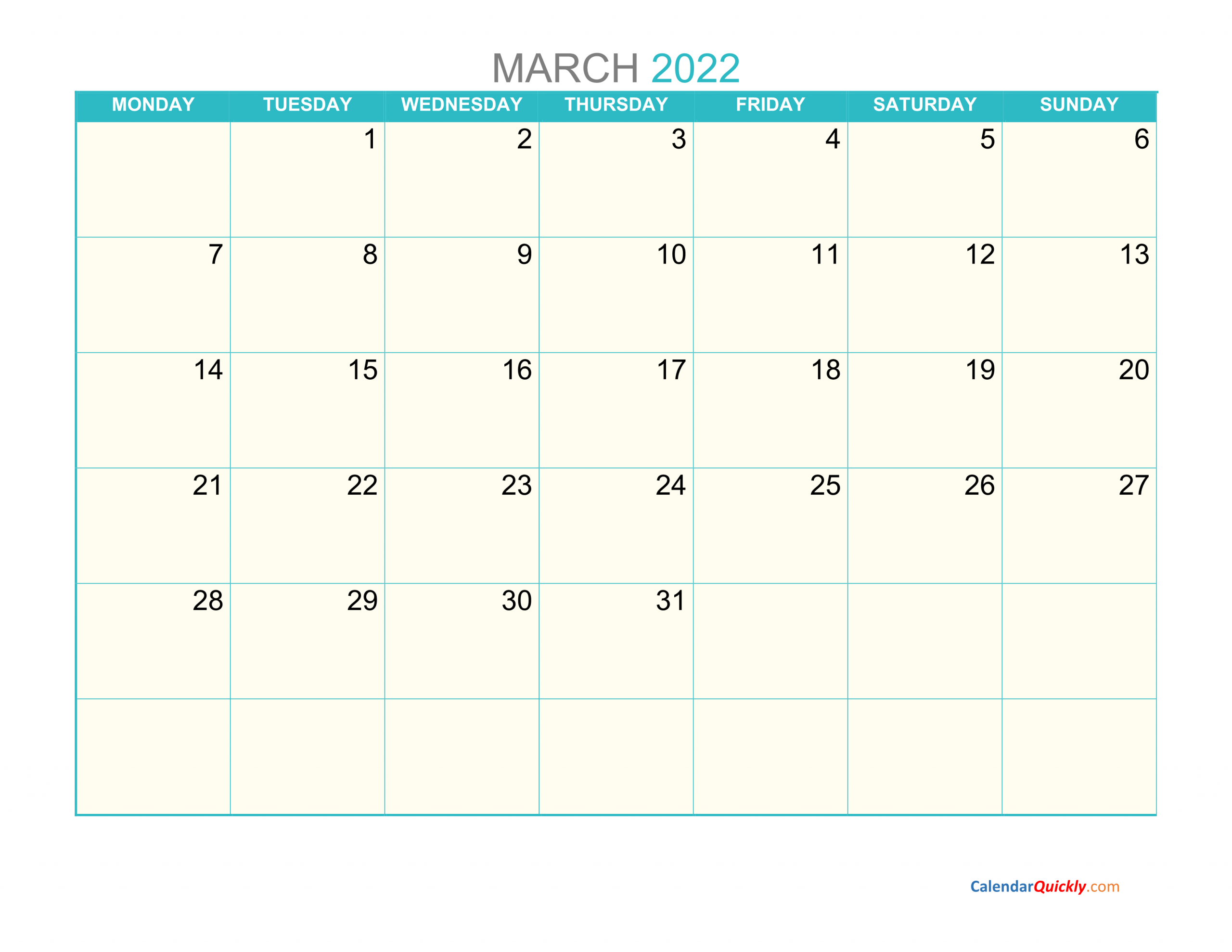 March Monday 2022 Calendar Printable Calendar Quickly