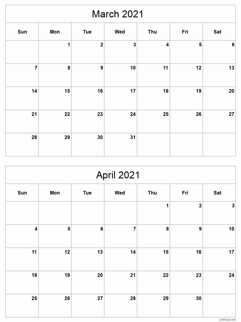 March To April 2021 Printable Calendar Two Months Per