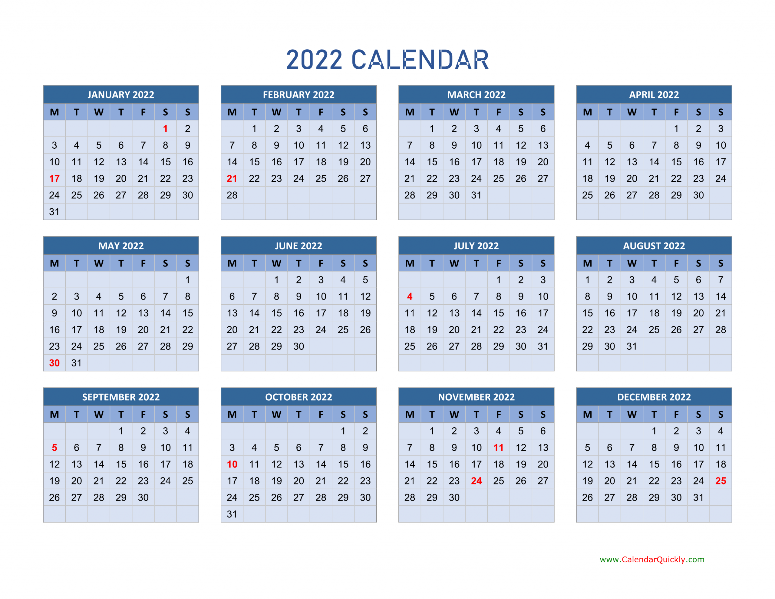 Monday 2022 Calendar Horizontal Calendar Quickly
