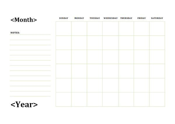 Monthly Blank Calendar With Day Notes Landscape Blank