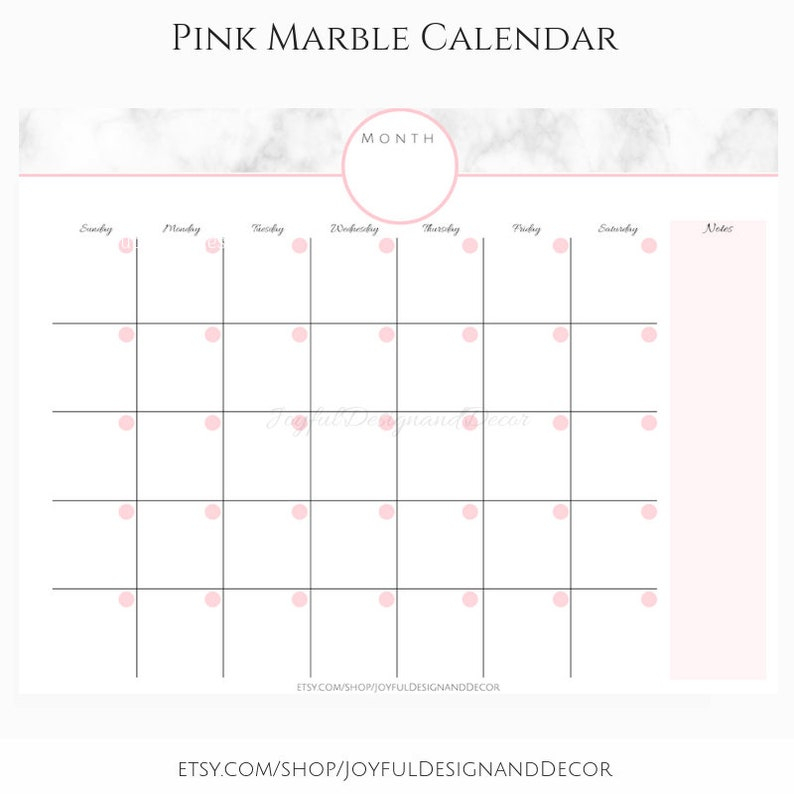 Monthly Calendar Pink Calendar Blank Monthly Calendar Etsy