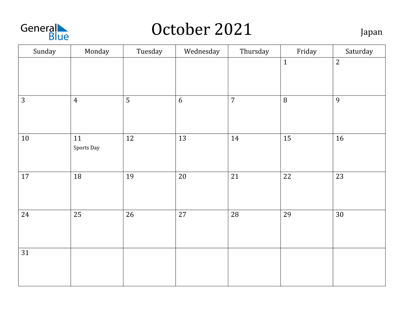 october 2021 calendar japan