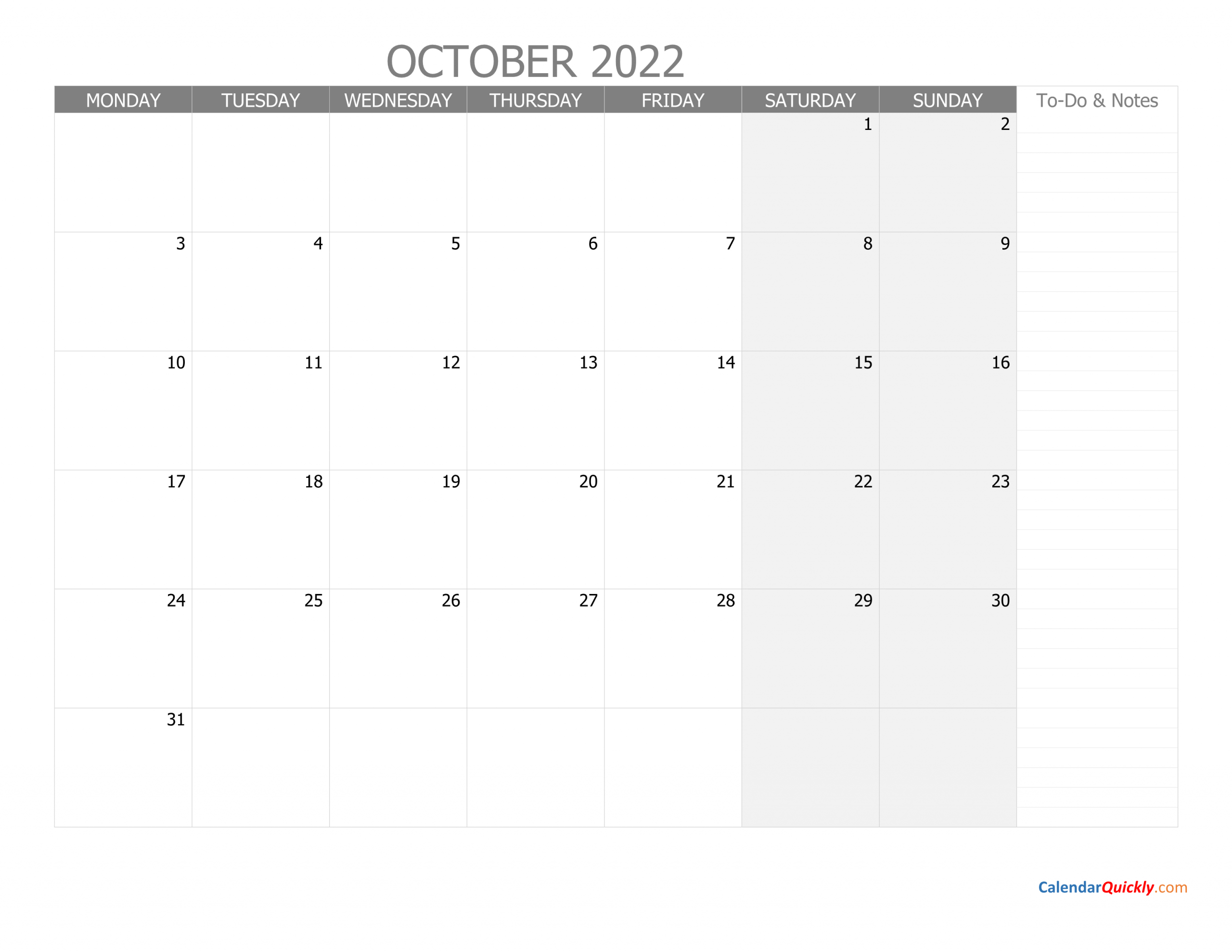 october monday calendar 2022 with notes calendar quickly
