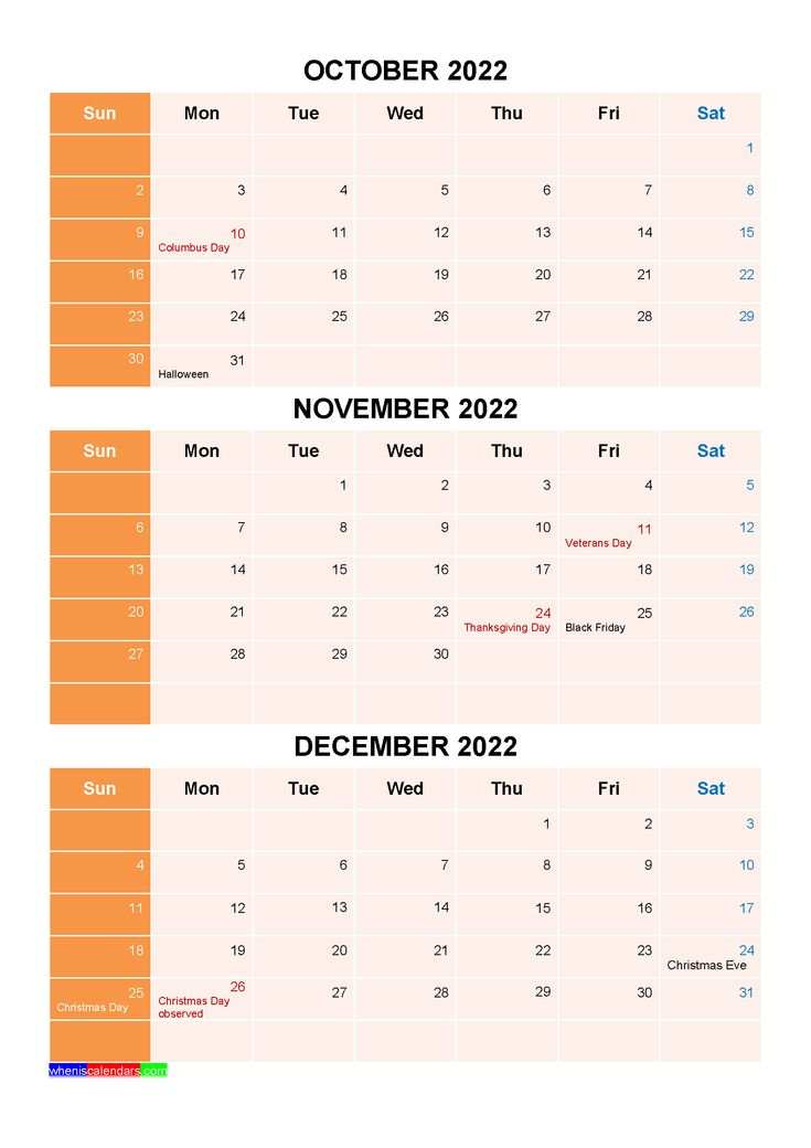 October November December 2022 Calendar With Holidays
