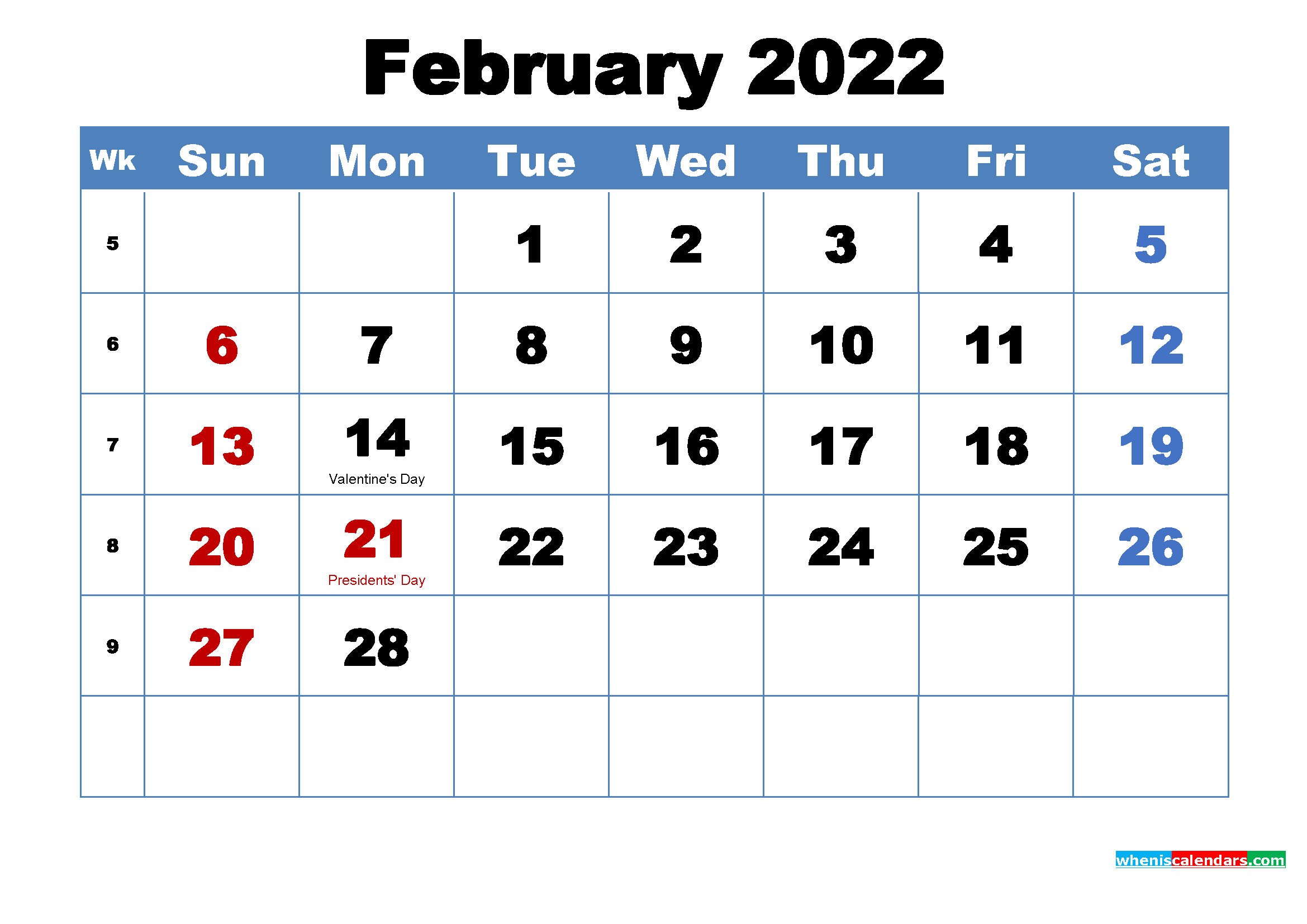 Printable 2021 February 2022 Calendar February 2022 1