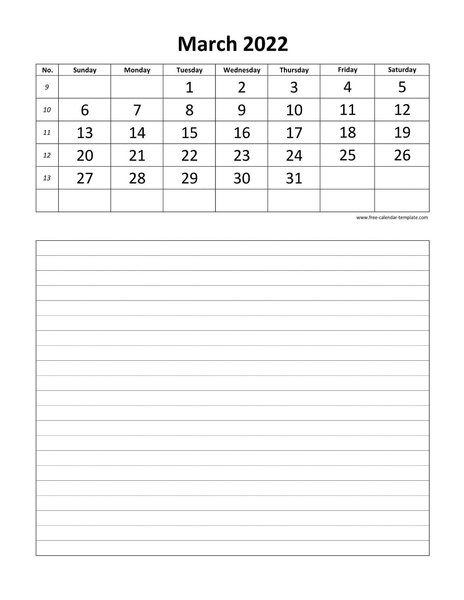 printable 2022 march calendar grid lines for daily notes