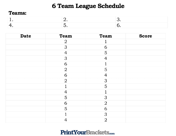 Printable 6 Team League Schedule