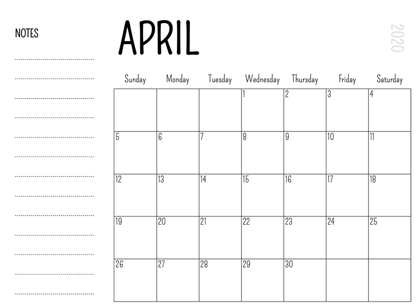 Printable April 2020 Calendar Waterproof Paper