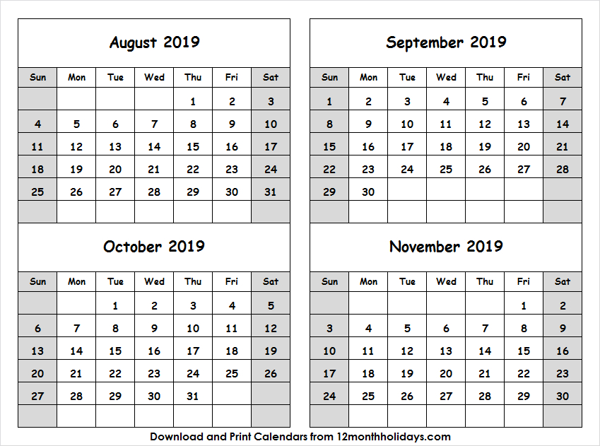 Printable August November 2019 Calendar Template 4 Month