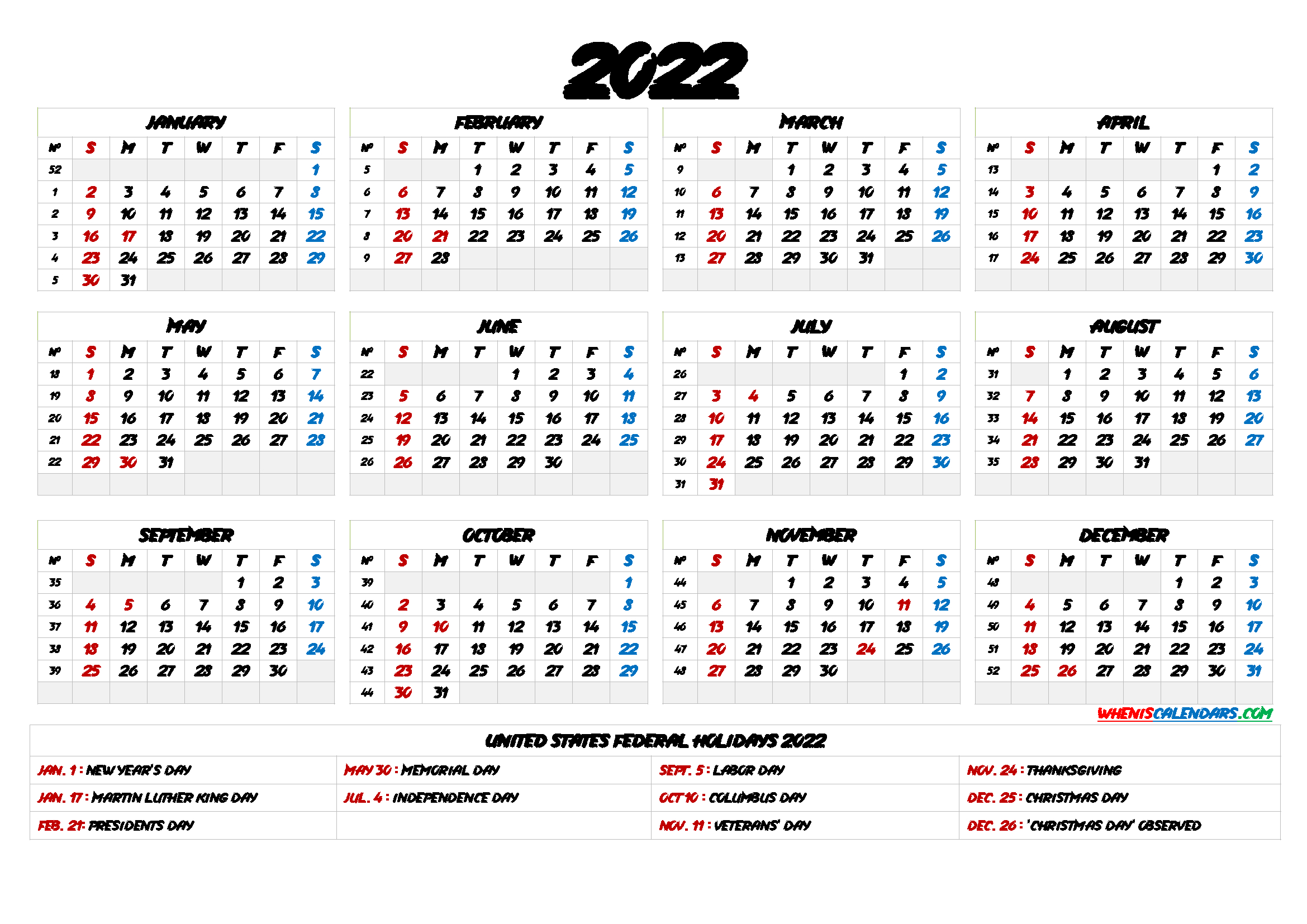 Printable Calendar 2022 With Holidays 9 Templates