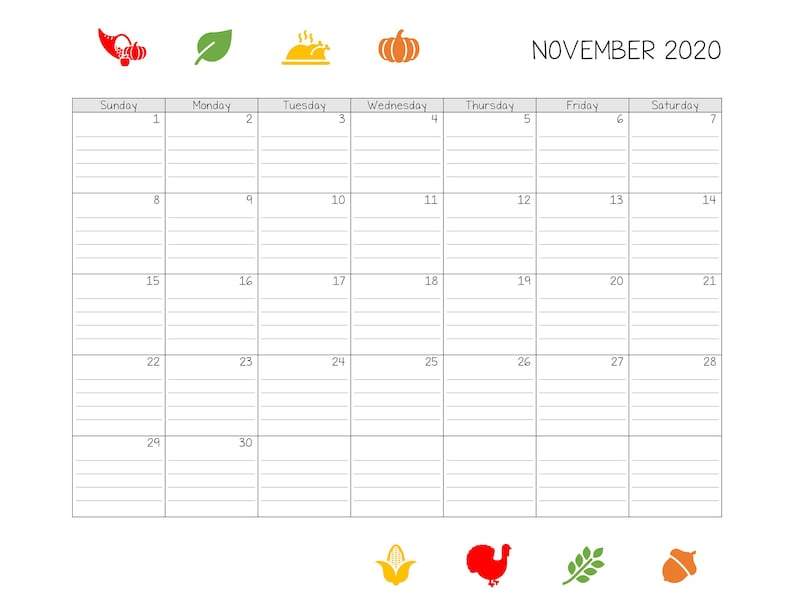 Printable Editable Lined November 2020 Calendar Etsy 1
