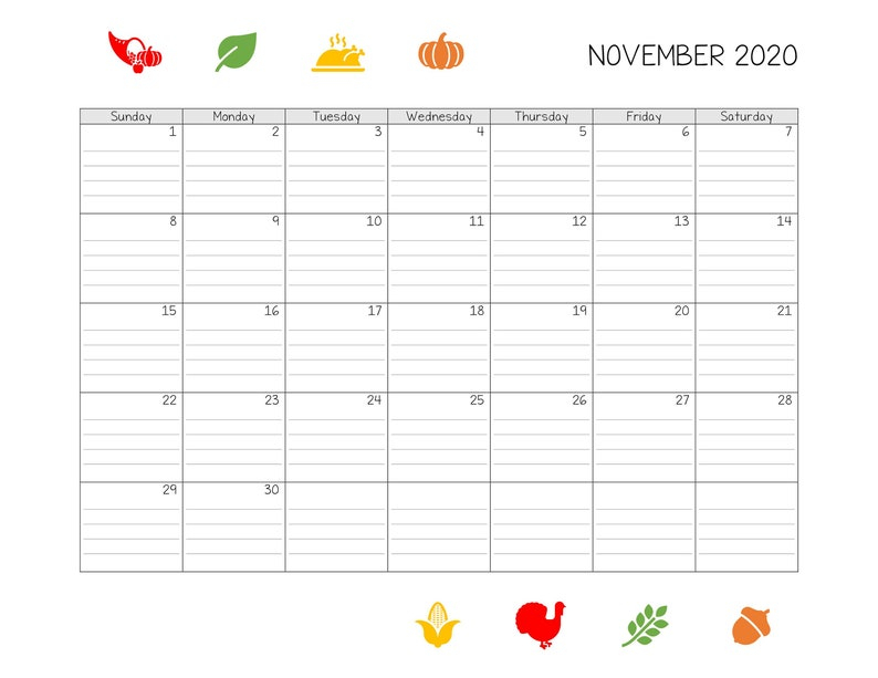 printable editable lined november 2020 calendar etsy