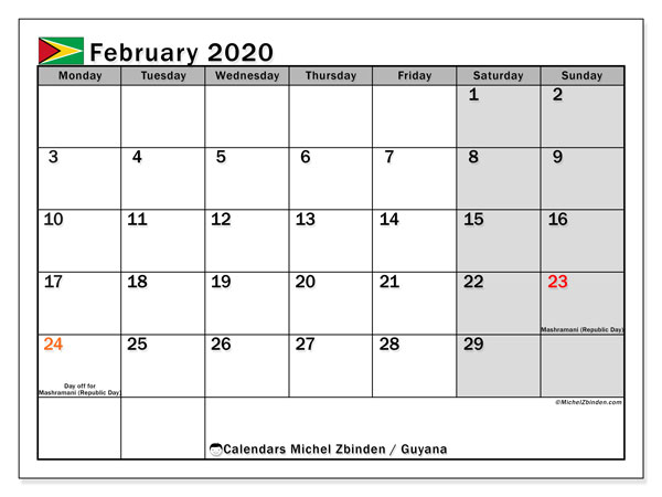 printable february 2020 guyana calendar michel zbinden en