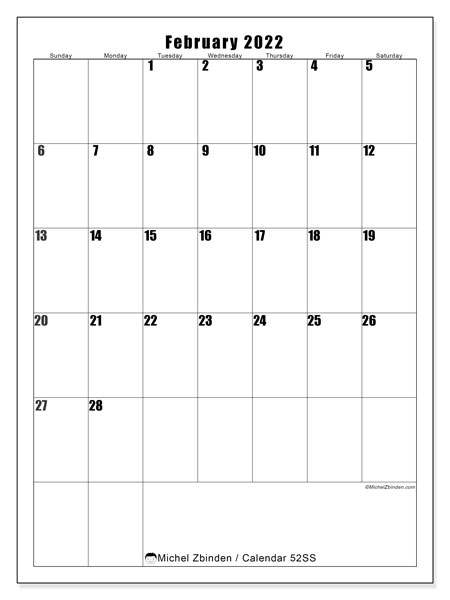 Printable February 2022 52ss Calendar Michel Zbinden En