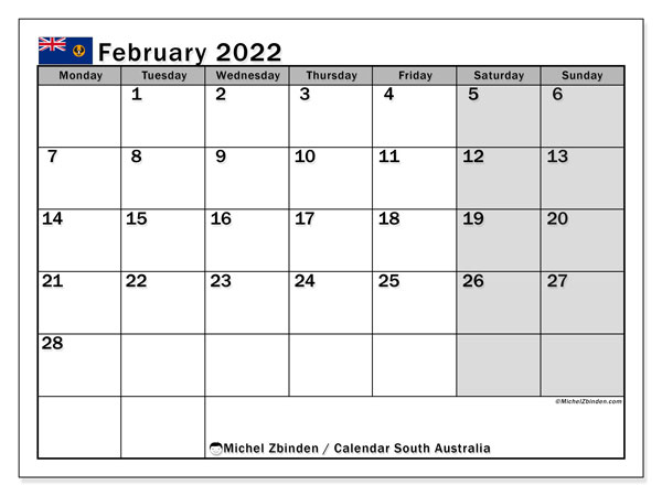 Printable February 2022 South Australia Calendar