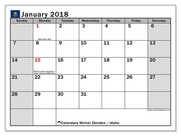Printable January 2018 Idaho Calendar Michel Zbinden En